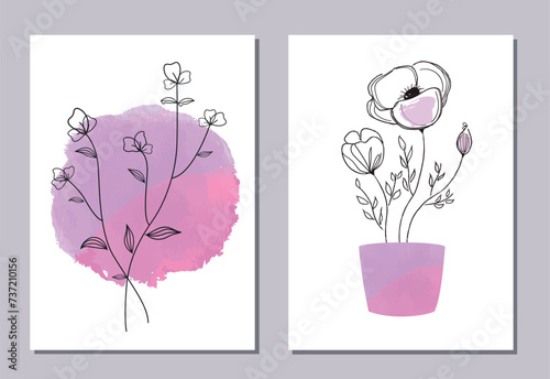 Set of Abstract decorations with shapes, flowers and pot