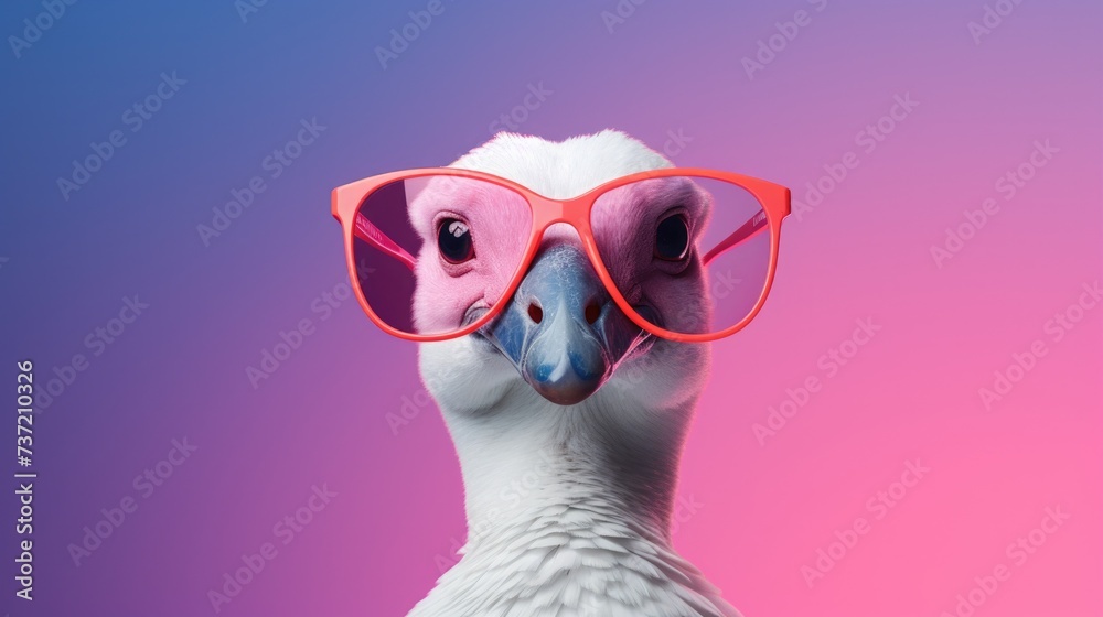 Creative animal concept. Goose bird in sunglass shade glasses isolated on solid pastel background, commercial, editorial advertisement, surreal surrealism