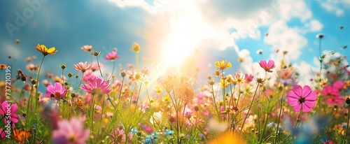 Flowers banner with Wildflowers in Sunlight Against Blue Sky © irissca