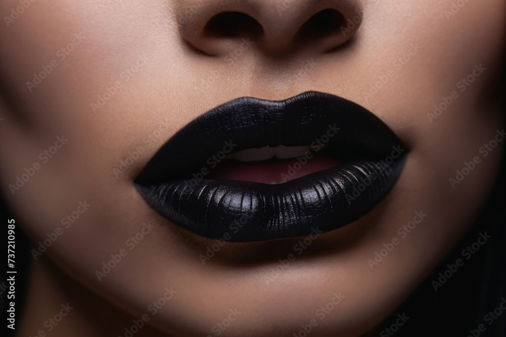 The black hue of her black lipstick adorns her lips like a precious organ, highlighting their allure in a captivating closeup The black hue of her black lipstick adorns her lips like a precious organ, highlighting their allure in a captivating closeup