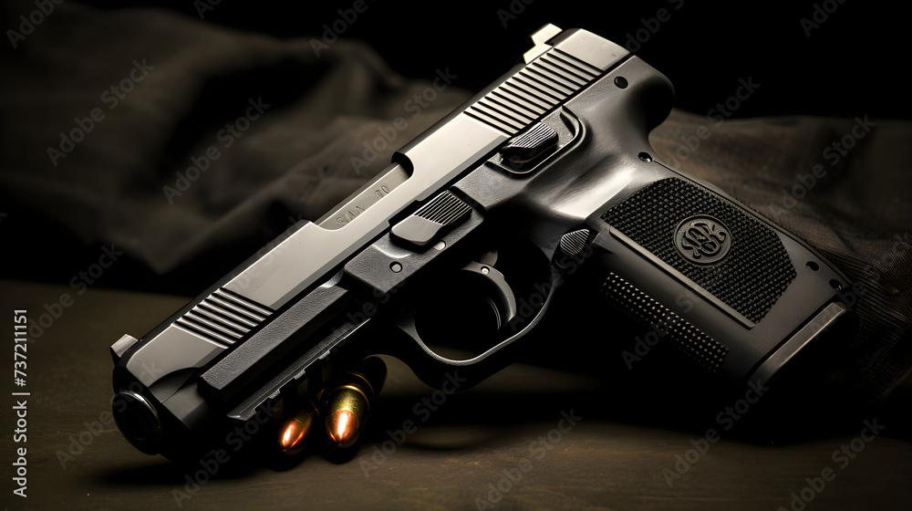Detail-focused Showcasing of the FNX-45 Tactical Firearm: The Epitome of Advanced Security and Rapid-Fire Self-Defense - obrazy, fototapety, plakaty 