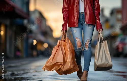 woman wearing leisure outfit walking on street at evening holding many shopping bags, Generative Ai