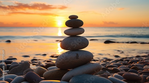balance stack of zen stones on beach during an emotional and peaceful sunset  golden hour on the beach