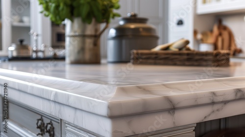 Close-up of a Kitchen Countertop with Marble Finish, Perfect for Real Estate and Home Design Concepts