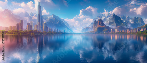City, large, tall buildings, beautiful natural scenery, city surrounded by water, landscape, background image, image generated by AI