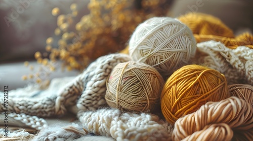 Knitting craft background with natural colored yarn Recomforting hobby to reduce stress for cold fall and winter weather.