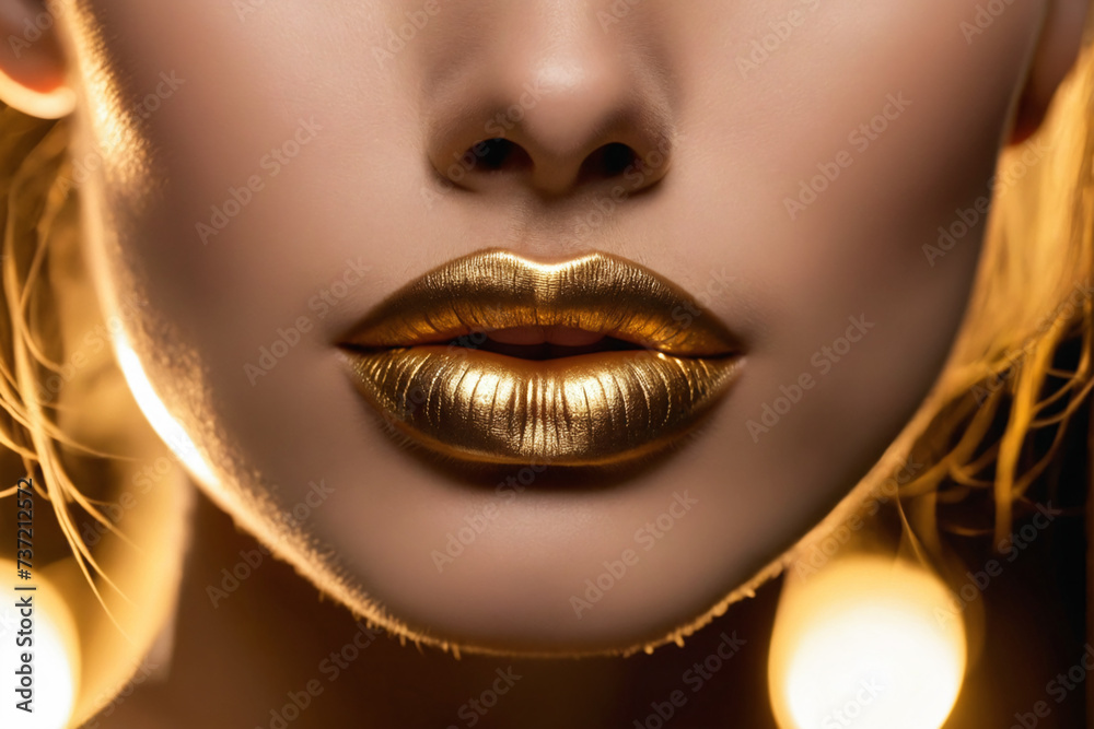 Fototapeta premium The golden hue of her golden lipstick adorns her lips like a precious organ, highlighting their allure in a captivating closeup