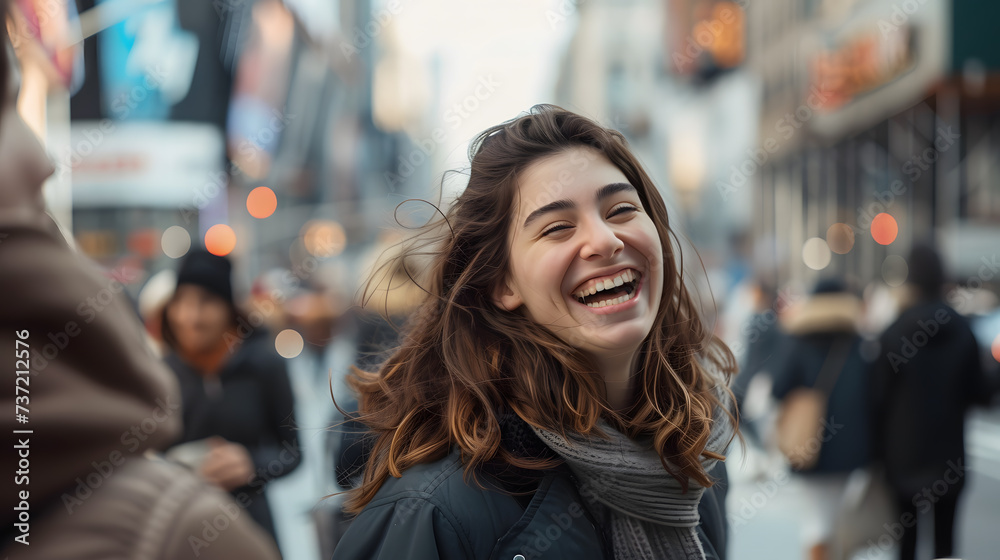 Photo of a young woman laughing with her friends, captured candidly on a busy street, with vibrant expressions and the city in the background. Photo of a young woman laughing with her friends, captured candidly on a busy street, with vibrant expressions and the city in the background.