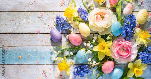 Colorful spring flowers with easter eggs on rustic light wooden planks with copy space for your text. Celebration concept, greeting card