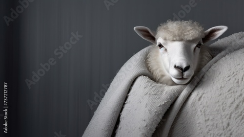 a close up of a sheep with a blanket on it s back and it s head peeking out from behind a blanket.