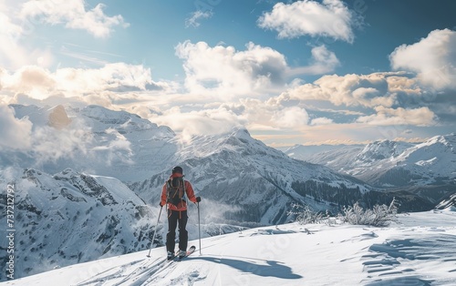 A skier in vibrant orange attire stands poised on the snowy mountain, ready to descend the pristine slopes with the stunning mountain range in the backdrop.