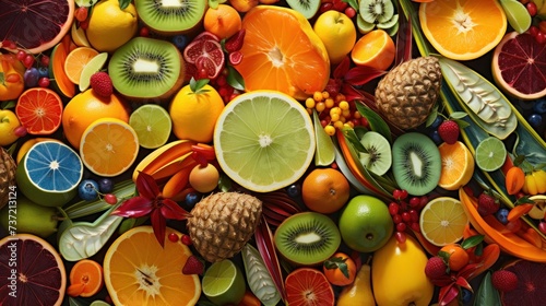 a close up of a bunch of fruit with pineapples, oranges, kiwis, apples, grapes, pineapples, and pineapples. © Anna