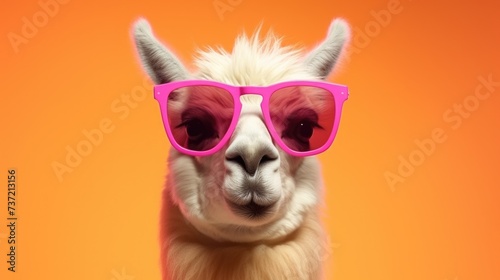 Creative animal concept. Llama in sunglass shade glasses isolated on solid pastel background, commercial, editorial advertisement, surreal surrealism © Zainab