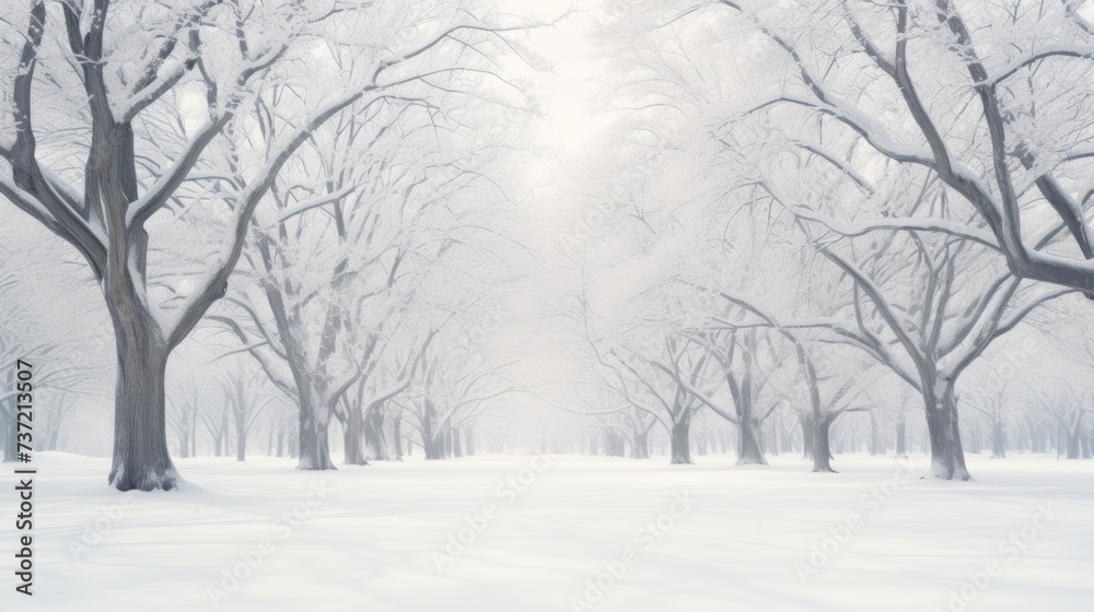 a snowy park with lots of trees and a bench in the middle of the park with snow on the ground. a snowy park with lots of trees and a bench in the middle of the park with snow on the ground.