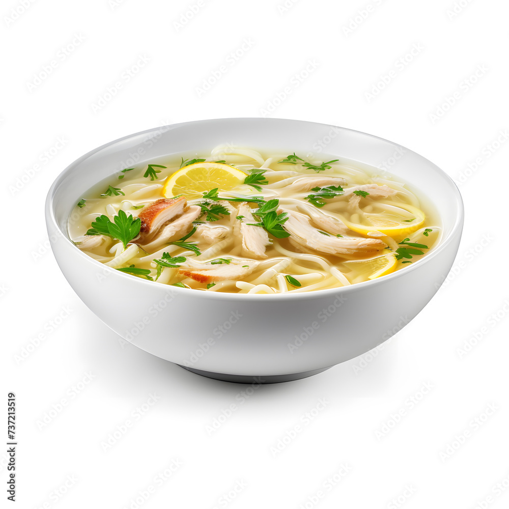 Chicken Noodle Soup in white bowl, isolated on white background Chicken Noodle Soup in white bowl, isolated on white background