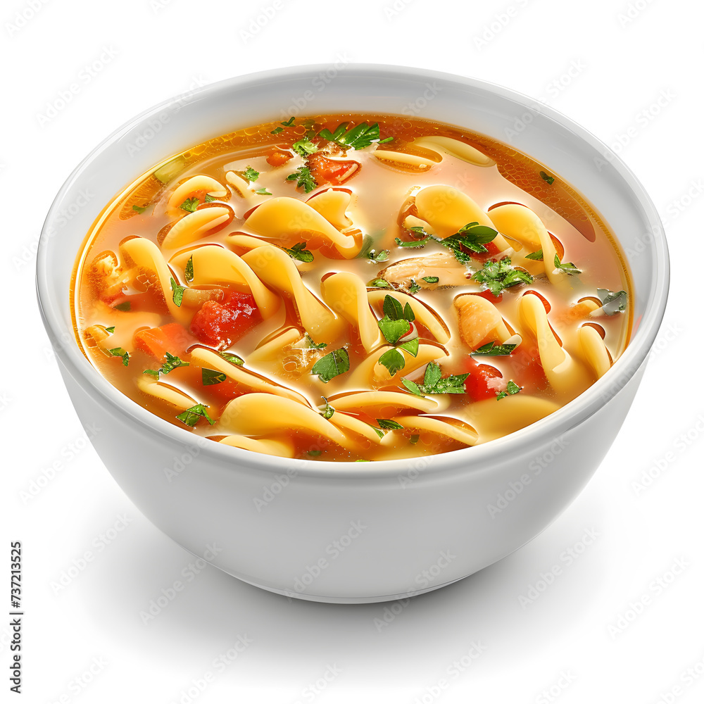 Chicken Noodle Soup in white bowl, isolated on white background Chicken Noodle Soup in white bowl, isolated on white background