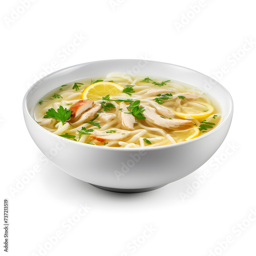 Chicken Noodle Soup in white bowl, isolated on white background