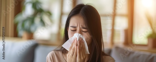 Young Asian woman with flu symptoms sneezing and using tissue at home. Concept Flu Symptoms, Sneezing, Tissue, Asian Woman, Home