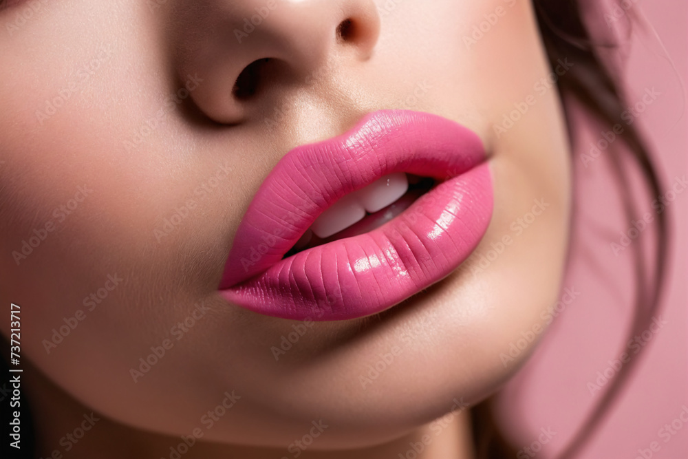 The pink hue of her pink lipstick adorns her lips like a precious organ, highlighting their allure in a captivating closeup The pink hue of her pink lipstick adorns her lips like a precious organ, highlighting their allure in a captivating closeup