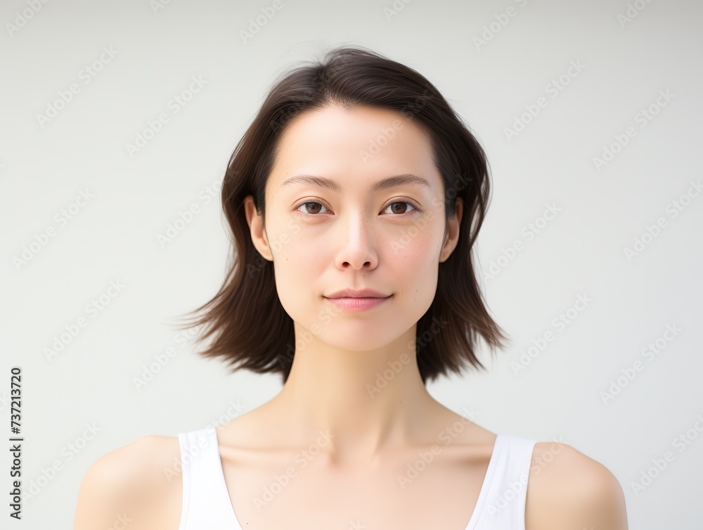 pretty Asian model wearing white tank top smiling with clean flawless skin, skincare and healthy theme concept, Generative Ai pretty Asian model wearing white tank top smiling with clean flawless skin, skincare and healthy theme concept, Generative Ai