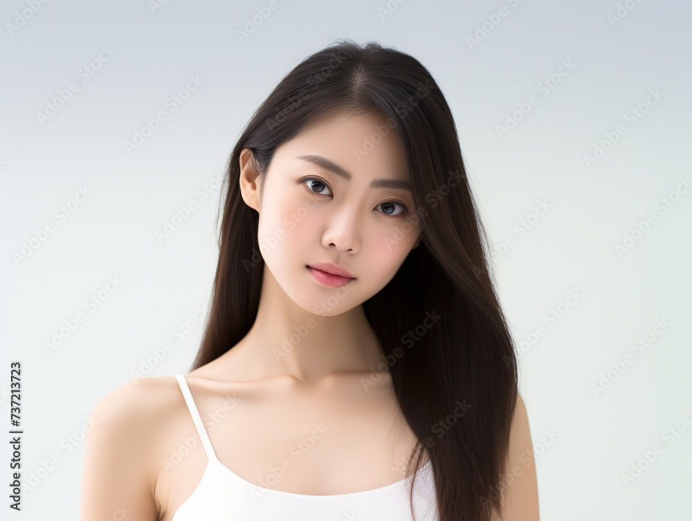 pretty Asian model wearing white tank top smiling with clean flawless skin, skincare and healthy theme concept, Generative Ai pretty Asian model wearing white tank top smiling with clean flawless skin, skincare and healthy theme concept, Generative Ai