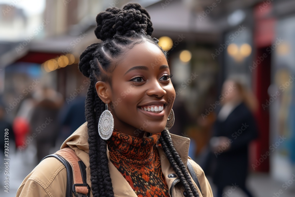 closeup portrait of young African pretty woman wearing braids hair style smiling walking in bustling city street at day time, Generative Ai	
 - obrazy, fototapety, plakaty 