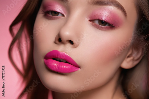 The pink hue of her pink lipstick adorns her lips like a precious organ, highlighting their allure in a captivating closeup