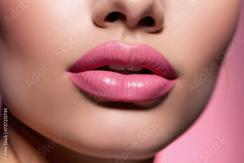 The pink hue of her pink lipstick adorns her lips like a precious organ, highlighting their allure in a captivating closeup