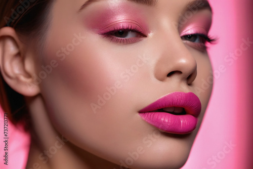 The pink hue of her pink lipstick adorns her lips like a precious organ  highlighting their allure in a captivating closeup