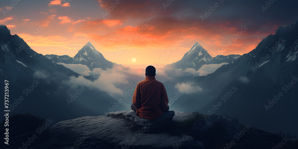 young adult meditating on mountain peak at dusk Person practicing transcendental meditation at sunrise with view of beautiful nature Illustration of person meditating on top. - obrazy, fototapety, plakaty 