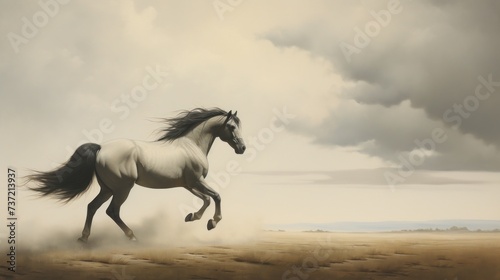 a painting of a white horse galloping in a field with a cloudy sky in the background and a black and white horse in the foreground.