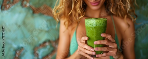 Healthy woman enjoying green smoothie in cafe promotes wellness and nutrition. Concept Cafe Health Drinks, Green Smoothie Benefits, Wellness Promotion, Nutrition Tips, Healthy Lifestyle photo
