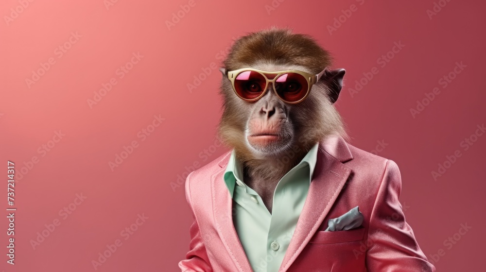 Creative animal concept. Monkey in glam fashionable couture high end outfits isolated on bright background advertisement, copy space