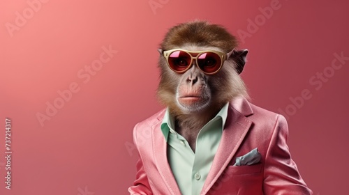 Creative animal concept. Monkey in glam fashionable couture high end outfits isolated on bright background advertisement, copy space © Zainab