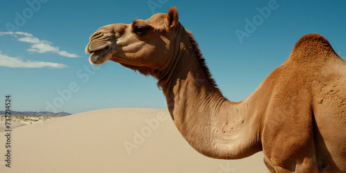 Camel in the desert against the blue sky.