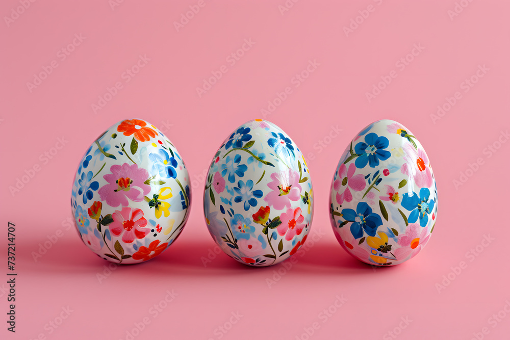 Vibrantly Painted Easter Eggs with Floral Patterns on a Soft Pink Backdrop Radiating Springtime Warmth and Festivity.