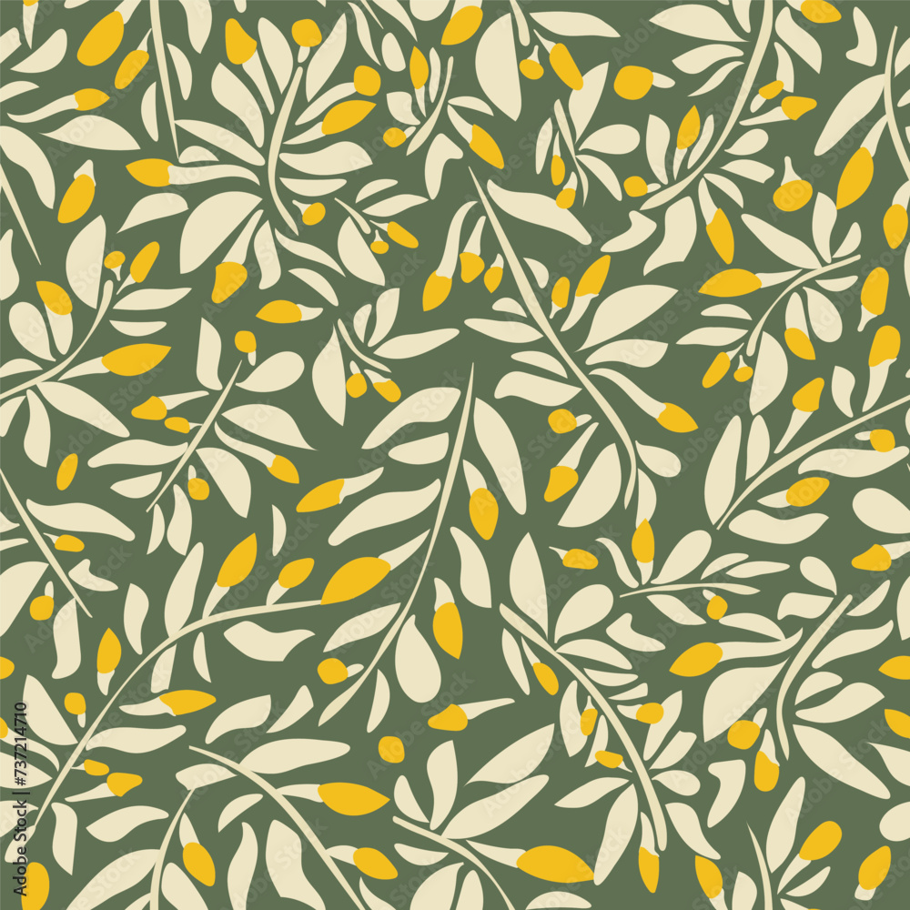 Tropical hand drawn foliage pattern with yellow buds. Vector seamless pattern design for textile, fashion, paper, packaging, wrapping and branding