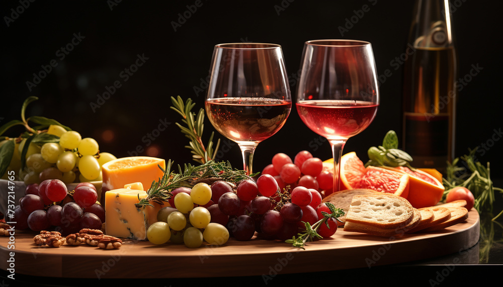 Gourmet meal wine, bread, cheese, prosciutto, tomato, and grapes generated by AI