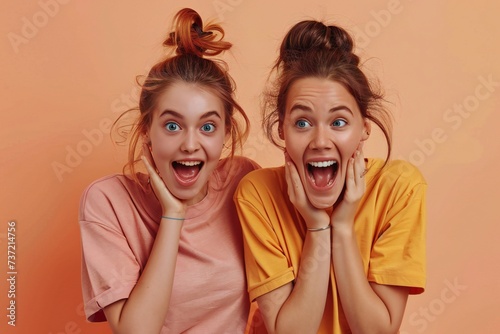 No filter photo of excited cheerful lovely girls speaking sharing news beauty salon procedure isolated on peach color textile background