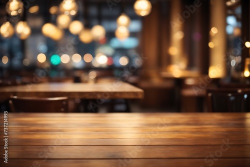 Empty wooden table top with lights bokeh