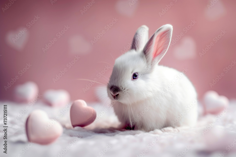 Cute little white rabbit with hearts on pink background. Romantic mood. Generative AI Cute little white rabbit with hearts on pink background. Romantic mood. Generative AI