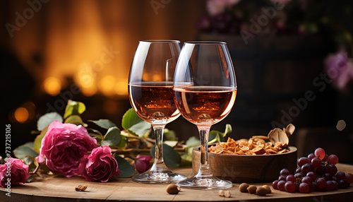 Romantic celebration wine, food, flower, candle, love, elegance, outdoors generated by AI
