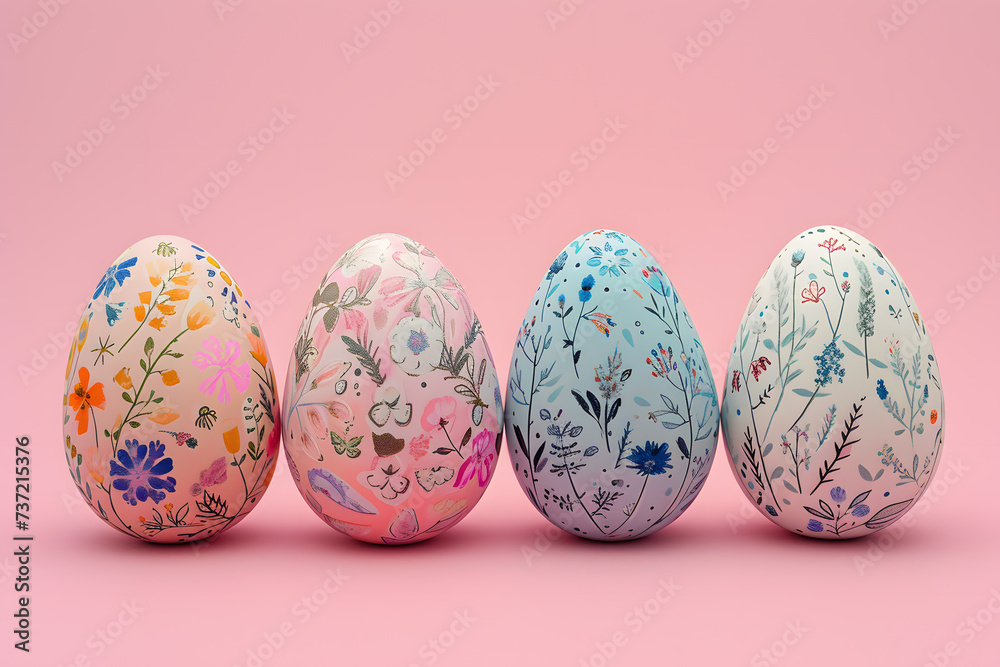 Vibrantly Painted Easter Eggs with Floral Patterns on a Soft Pink Backdrop Radiating Springtime Warmth and Festivity. Vibrantly Painted Easter Eggs with Floral Patterns on a Soft Pink Backdrop Radiating Springtime Warmth and Festivity.