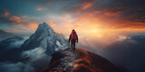 Traveler conquering the top of the mountain Hiker on standing and sunset adventure concept close up portrait of hiker looking at the horizon in the mountains.