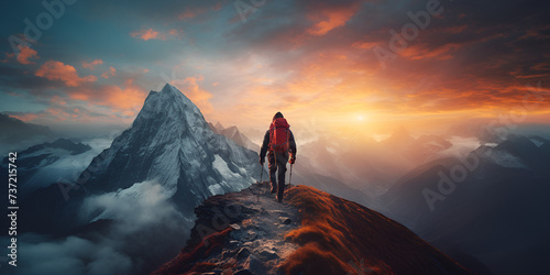 Traveler conquering the top of the mountain Hiker on standing and sunset adventure concept close up portrait of hiker looking at the horizon in the mountains. © sumia