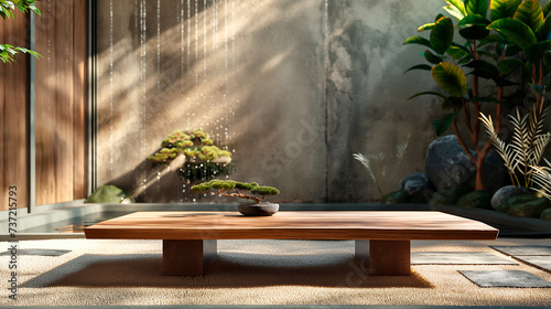 A modern japanese garden with a waterfall and a koi pond. Table with Bonsai for product presentation. © ARTwithPIXELS