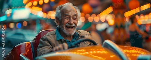 Senior citizen joyfully cruising in a bumper car at the carnival. Concept Carnival Excitement, Senior Citizens Having Fun, Bumper Car Adventure, Joyful Moments, Ageless Joy
