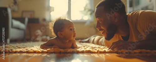 Father bonding with baby during playtime on living room floor. Concept Parenting Fun, Father-Baby Play, Bonding Activities, Living Room Playtime photo