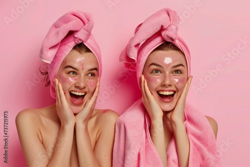 No filter photo of excited cheerful lovely girls speaking sharing news beauty salon procedure isolated on pink color textile background