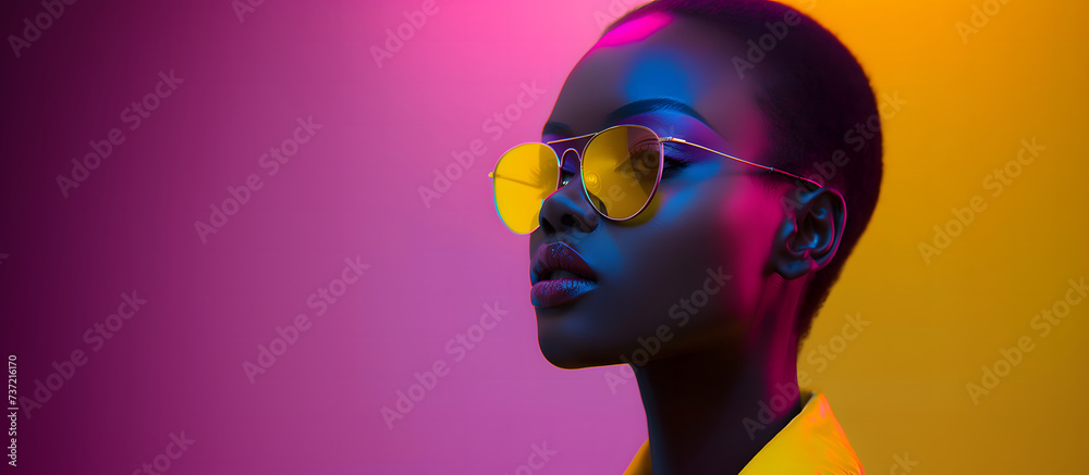 Beautiful african american woman in yellow sunglasses on purple background. Studio shot. Wide web header